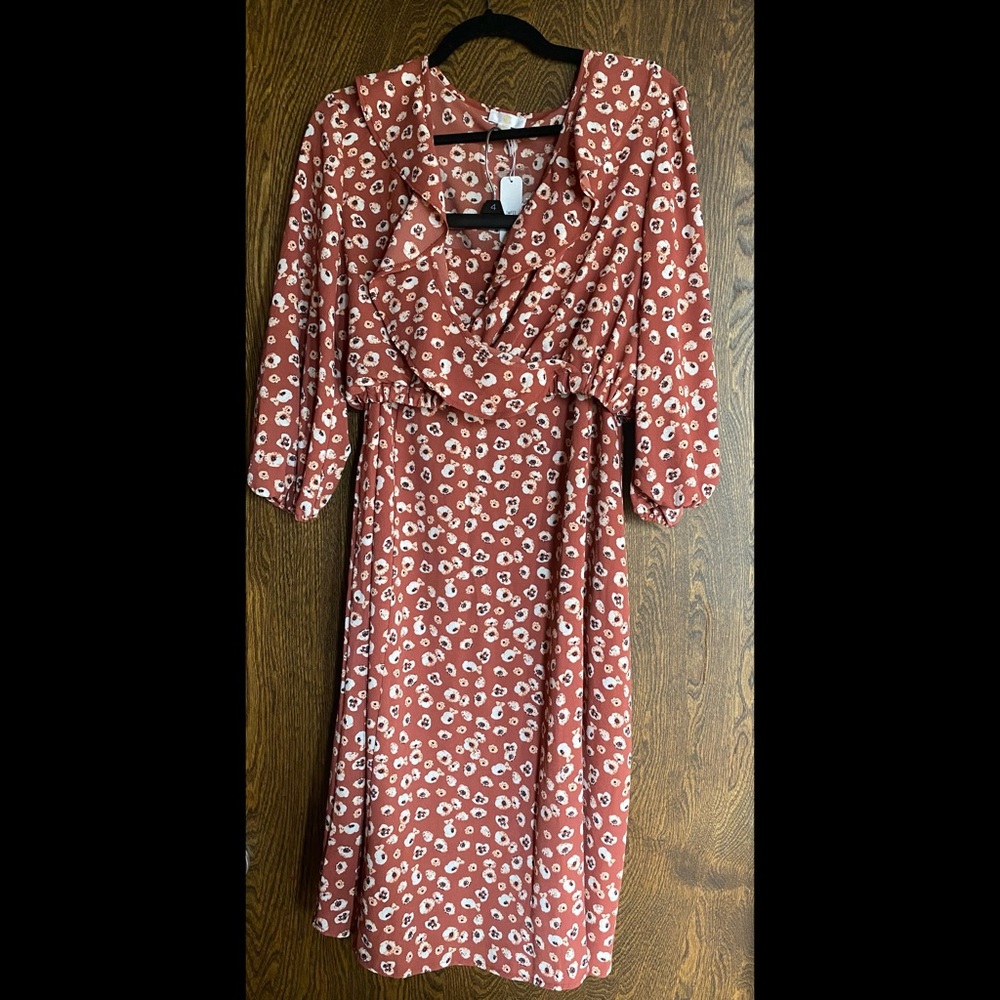 Charming Charlie, blouse and skirt set, floral, brown, coral, brand new, tags on